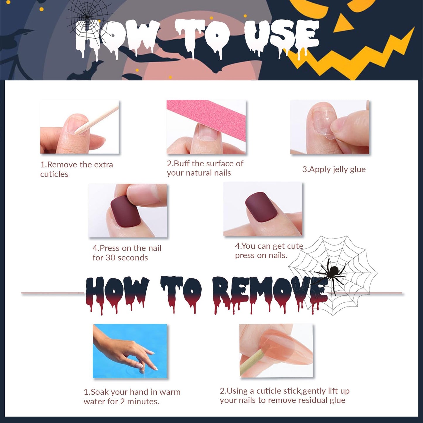 Halloween Press on Nails Long Square Fake Nails with Designs Spider Web Ghost Coffin False Nails Reusable Natural Artificial Stick on Nails for Women Manicure 24Pcs