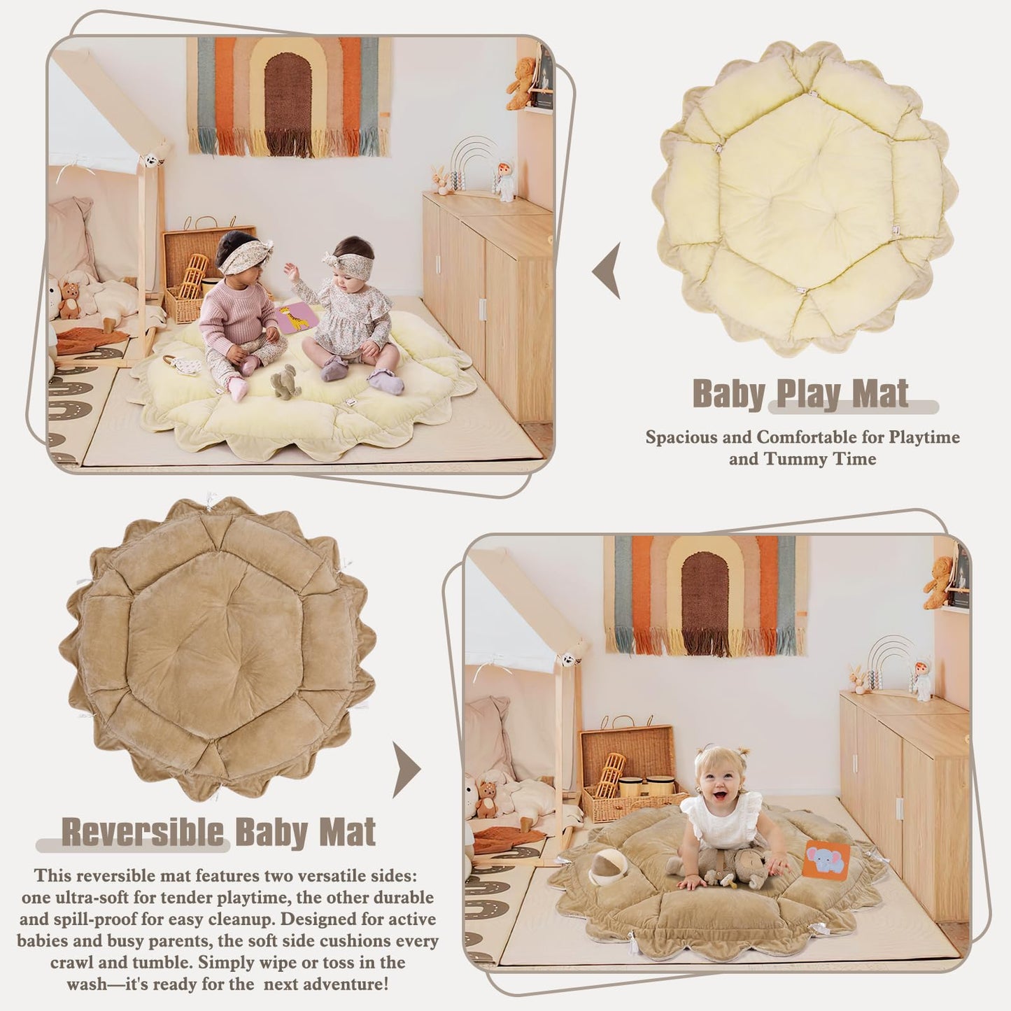 5-in-1 Plush Baby Play Gym, Activity Mat with Convertible Gym, Baby Gym 6 Sensory Toys, Play Center for Newborn to Toddler, Cream