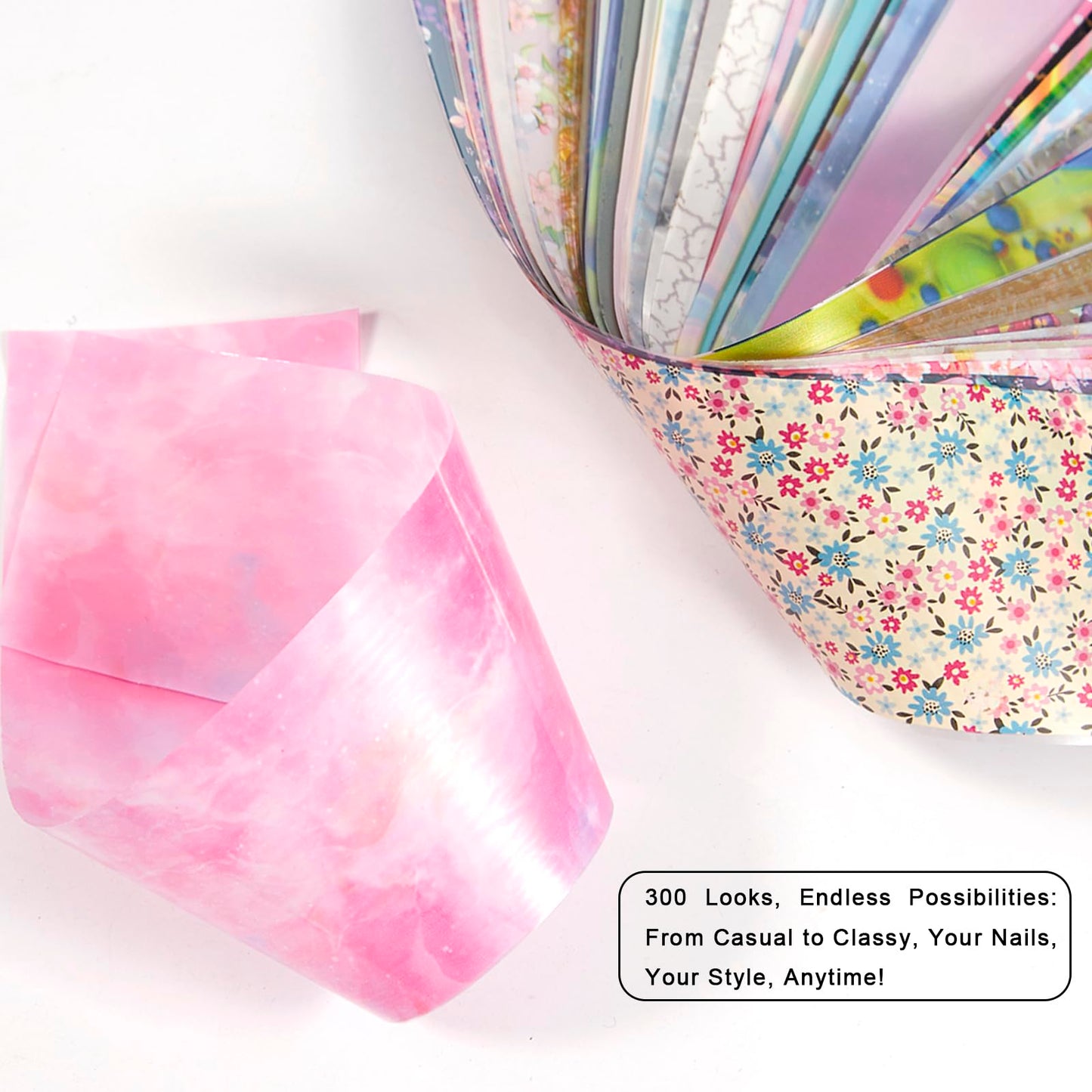 WOKOTO 300 Sheets Nail Foils Transfer Nail Art Holographic Flower Marble Foil Sheets, 1 Set for All Mix-Designs Nail Transfer Foil for Women Girls Nails