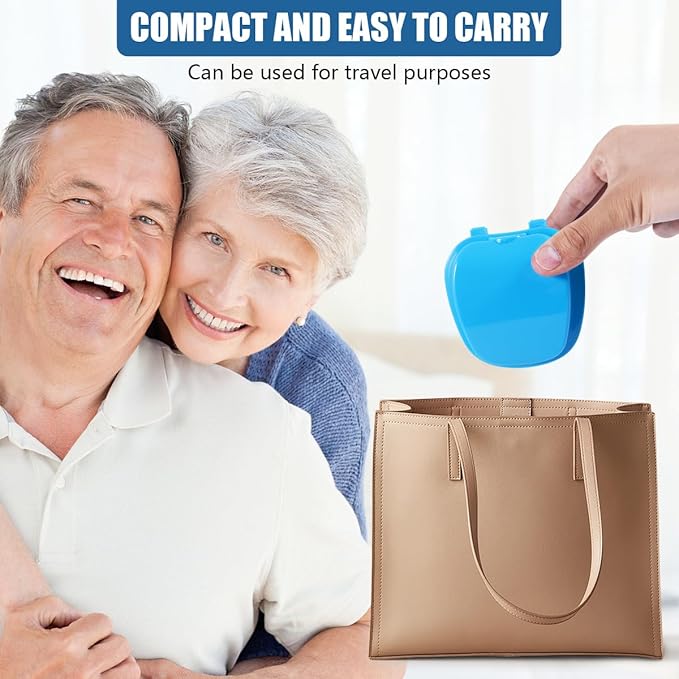 2 Pack Colors Denture Bath Case Cup Box Holder Storage Soak Container with Strainer Basket for Travel Cleaning (Light Blue and Pink)