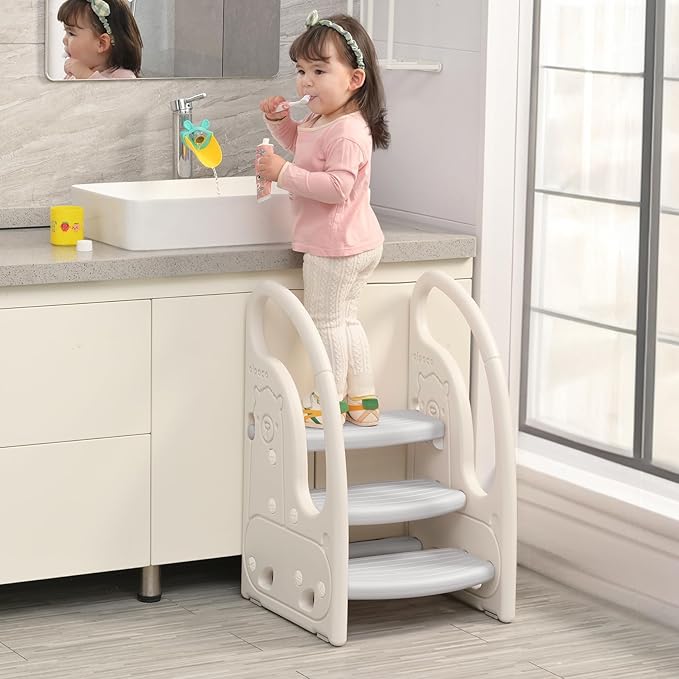 Toddler 3 Step Stool Onasti Kids Standing Tower for Toddlers Plastic Learning Helper Stool for Kitchen Counter Bathroom Sink Toilet Potty Training with Handles and Non-Slip Pads-Grey White