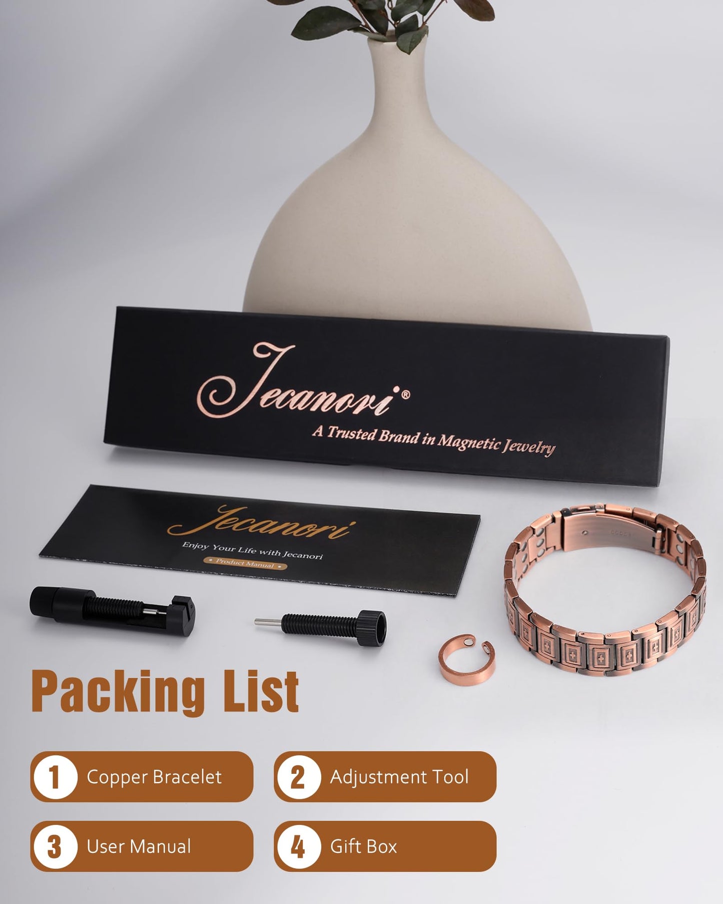 Jecanori Copper Magnetic Bracelet & Ring for Men,Pure Copper Bracelets for Men,Ideal Gift
