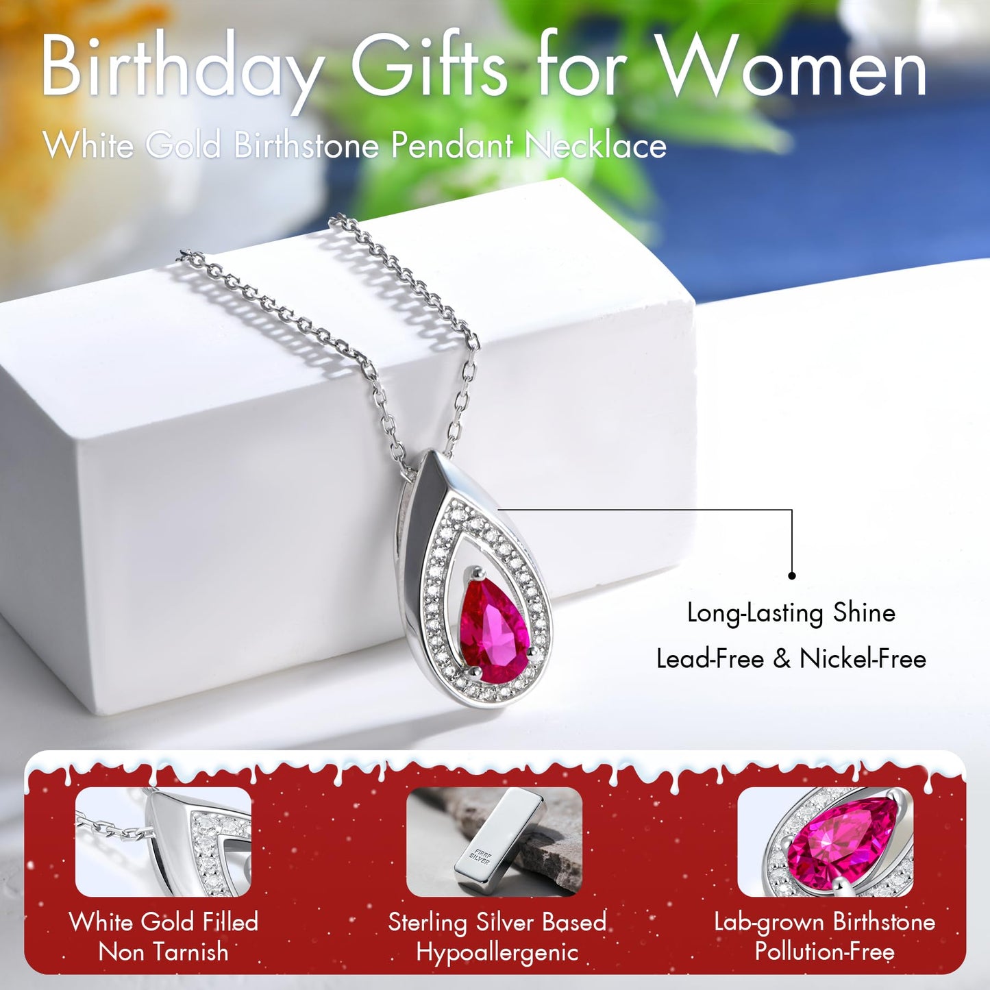 Kstyle 925 Sterling Silver Ruby July Birthstone Pendant Necklace Teardrop Jewelry Valentine's Day Anniversary Birthday Gift for Mom Sister Wife Daughter Non Tarnish