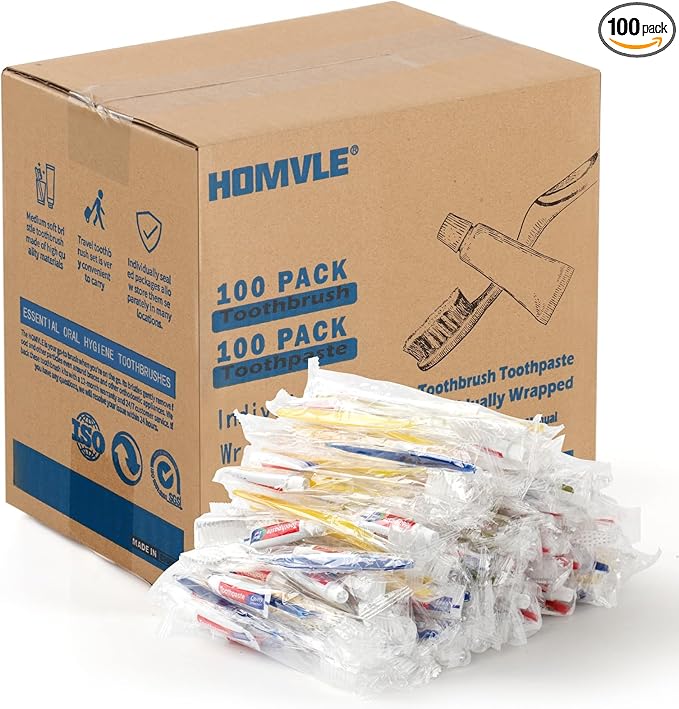 Homvle 100 Packs Disposable Toothbrushes with Toothpaste, Individually Wrapped Travel Toothbrush and Toothpaste Buld for Travel Size Toiletries, OCC, Airbnb, Dentist, Office/4 Colorful