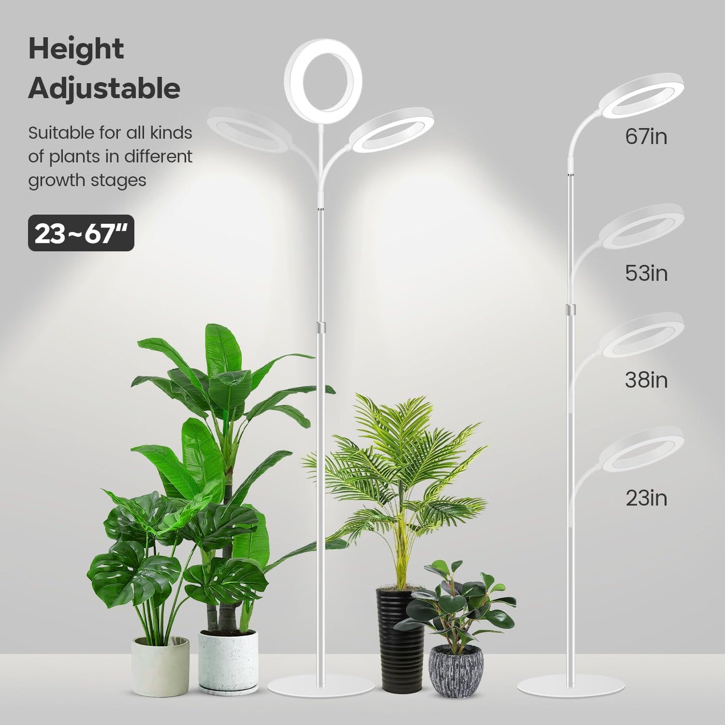 Garpsen Grow Light, Full Spectrum LED Plant Lights with Stand, 3 Color Modes Floor Grow Lamp with Timer 6/12/16H, 5 Dimmable Levels, 67'' Adjustable Height for Indoor Large Plants(White)