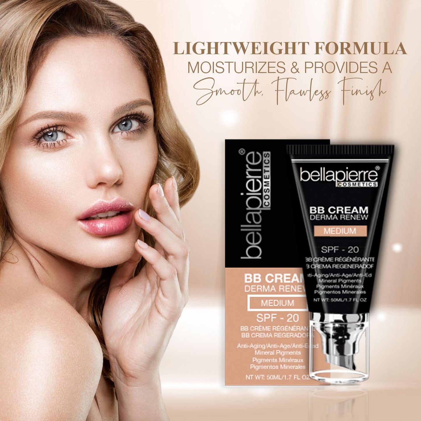 bellapierre BB Cream with SPF 20 - Tinted Sunscreen, Concealer, Matte Foundation, & Moisturizing Face Cream | Lightweight Formula + Pump Top Applicator | Non-Toxic & Paraben Free | 1.7 Oz - Light