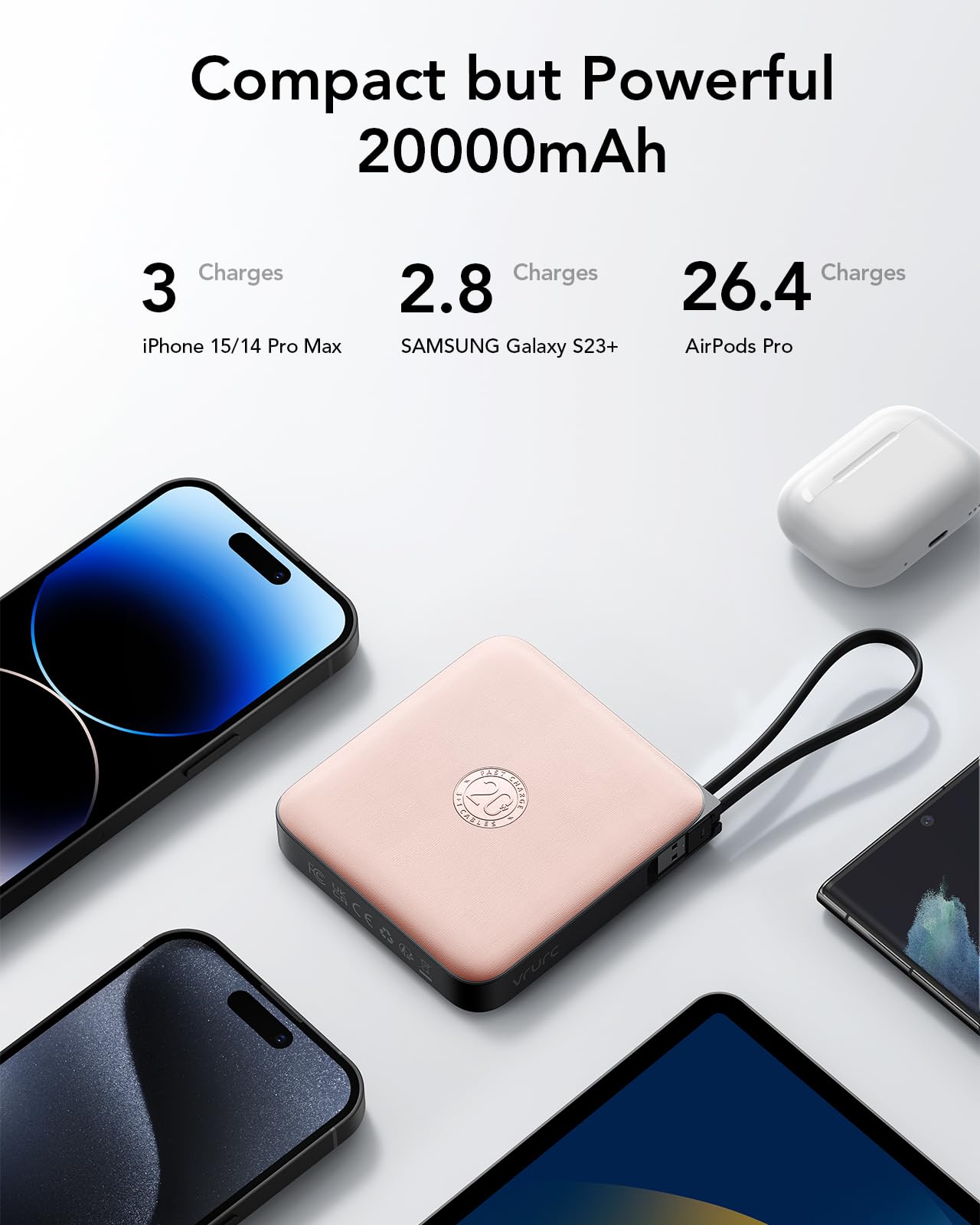 VRURC 20000mAh Power Bank Built-in Cables, Travel Essentials, Portable Charger 22.5W Fast Charging USB C Battery Pack, Phone Battery for iPhone 17 15 14 13 12 11 x Samsung Android Phone,Pink(1 Pack)