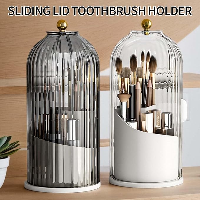 Sliding Lid Toothbrush Organizer, Toothbrush Holders with Sliding Lid, 360° Rotating Dustproof Concealed Toothbrush Holder, 3-Slot Varying Heights, Ideal for Bathroom, Makeup & Travel (2Pcs Black)