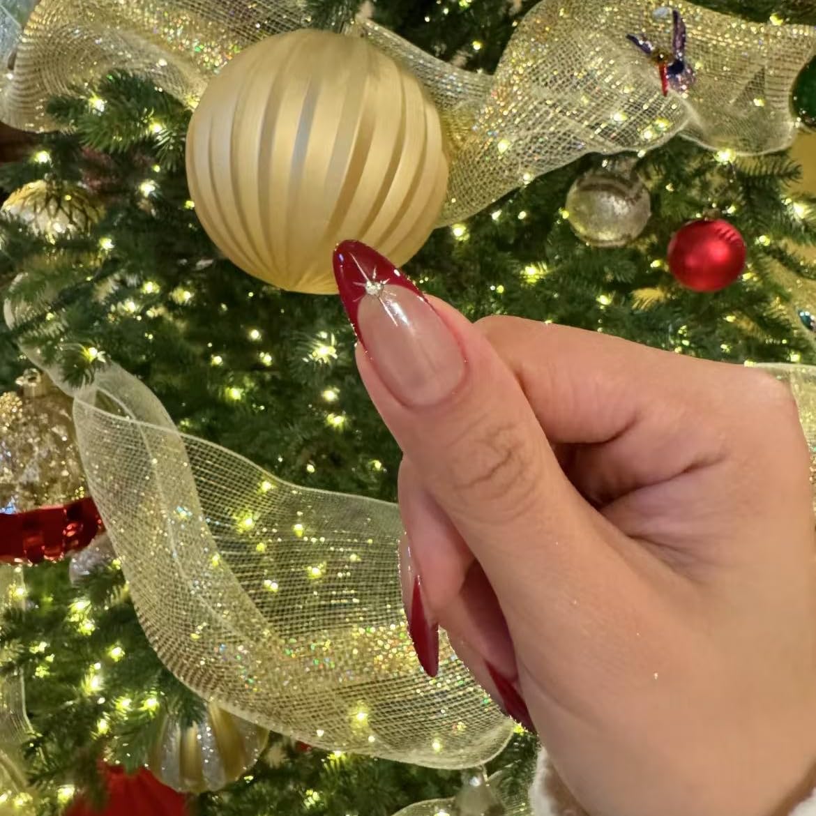 Handmade Red French tip Press on Nails Christmas long style Almond Fake Nails with Glue Full Cover Glossy False Nails Stick on Nails for Women Manicure Aurora Powder Decoration 10PCS (MT-124-M)