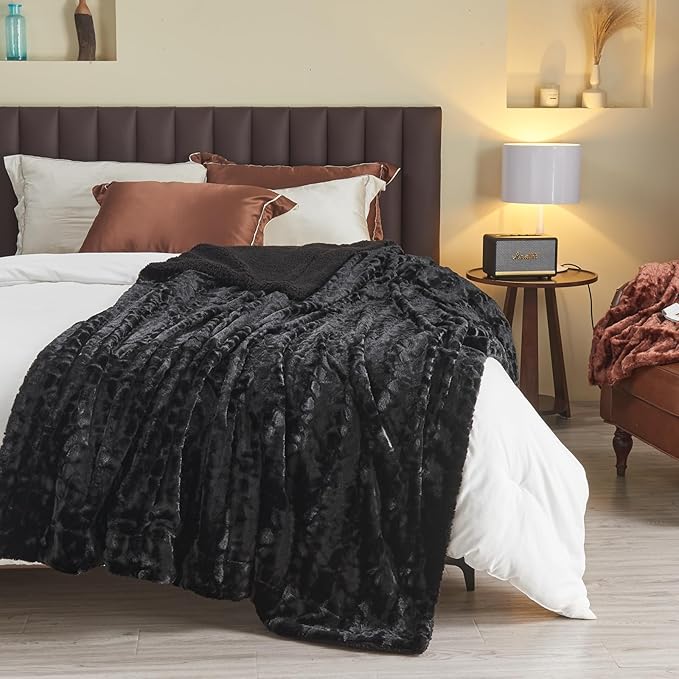 NEWCOSPLAY Super Soft Faux Fur Throw Blanket for Couch Black Fuzzy Plush Warm Blanket for Sofa Bed (Black, Throw(50"x60"))