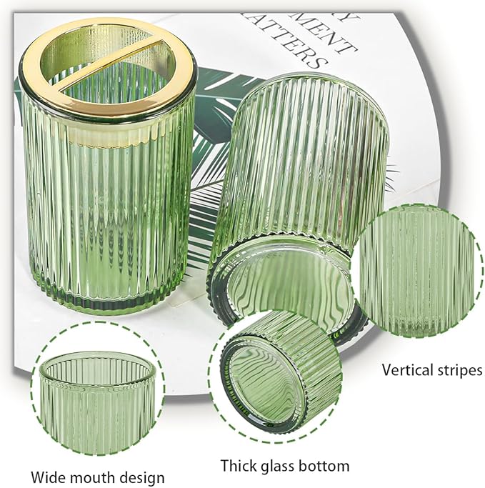 Toothbrush Holders for Bathrooms, 2pcs Glass Toothbrush Holder, 12oz Bathroom Tumbler and Mouthwash Cup, Tooth Brush and Toothpaste Organizer for Bathroom Vanity Countertop (Green Gold)