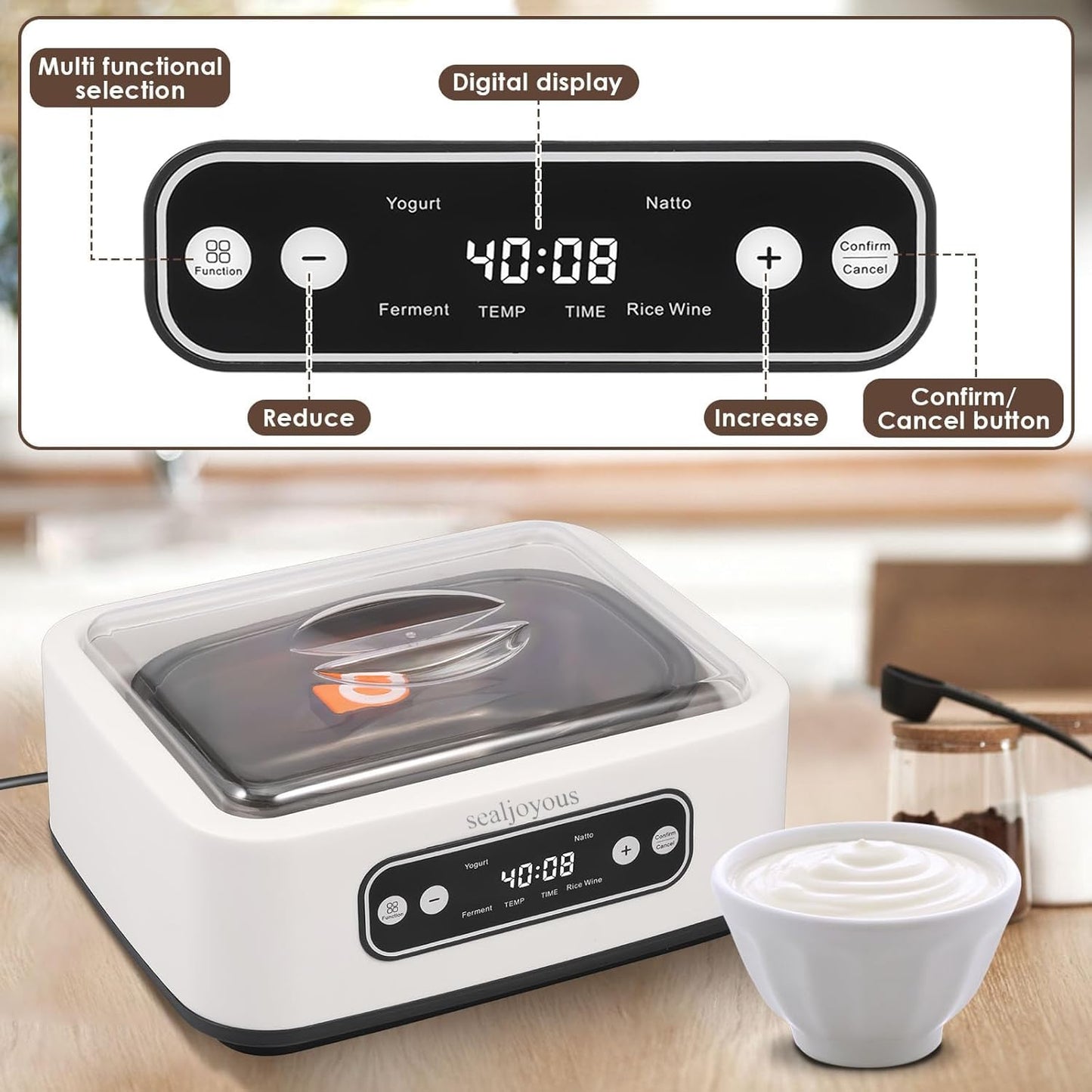 Genuine sealjoyous Yogurt Maker Machine with Adjust Temp(21°C-45°C/70°F-113°F)&Time(1-99h)304 Stainless Steel Inner Bowl(1.6 Quart) (Standard version)