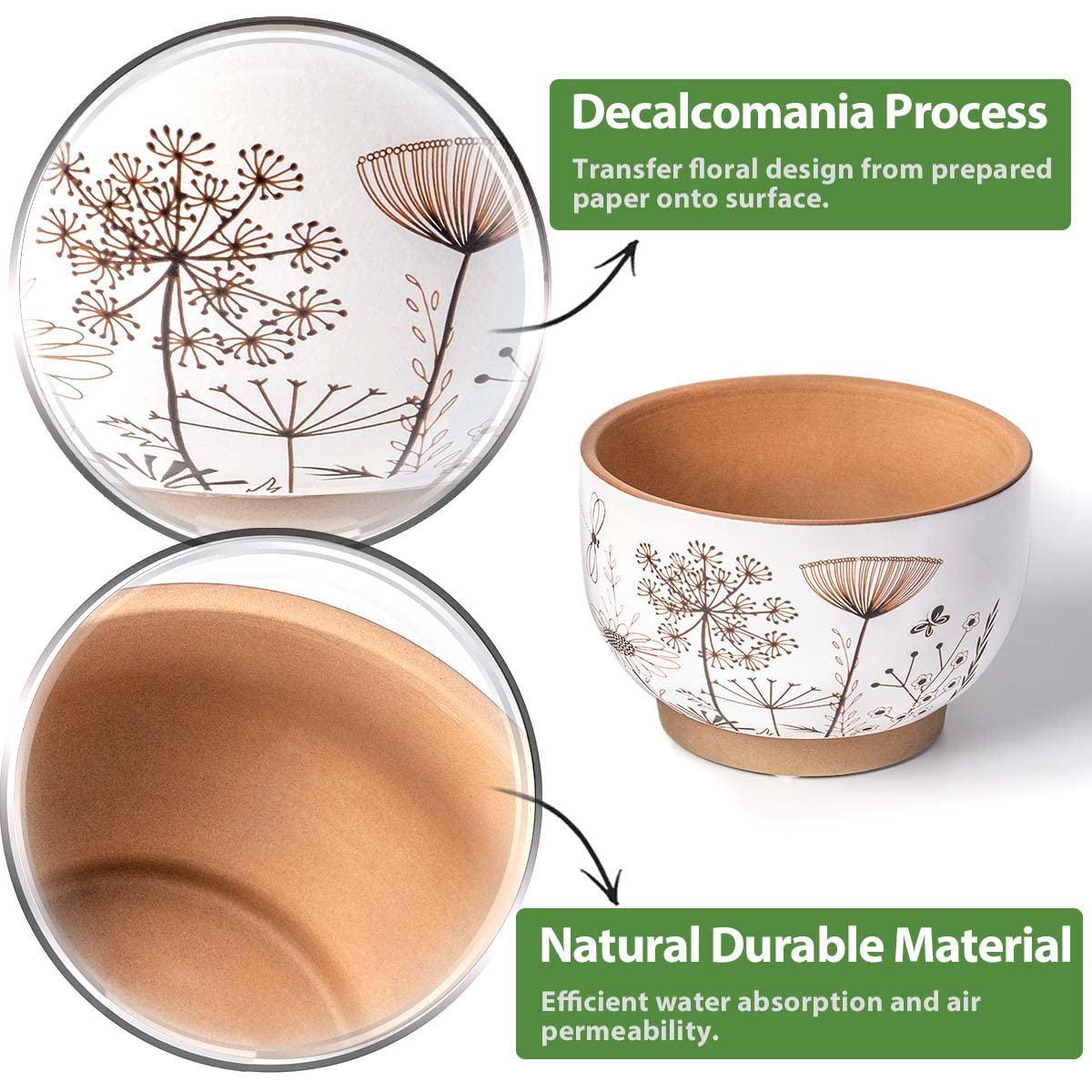 YBX 8 Inch + 6 Inch Ceramic Plant Pots, Succulent Flower Pots with Drainage Holes, Terracotta Planters for Indoor Plants, White&Terracotta (Garden)
