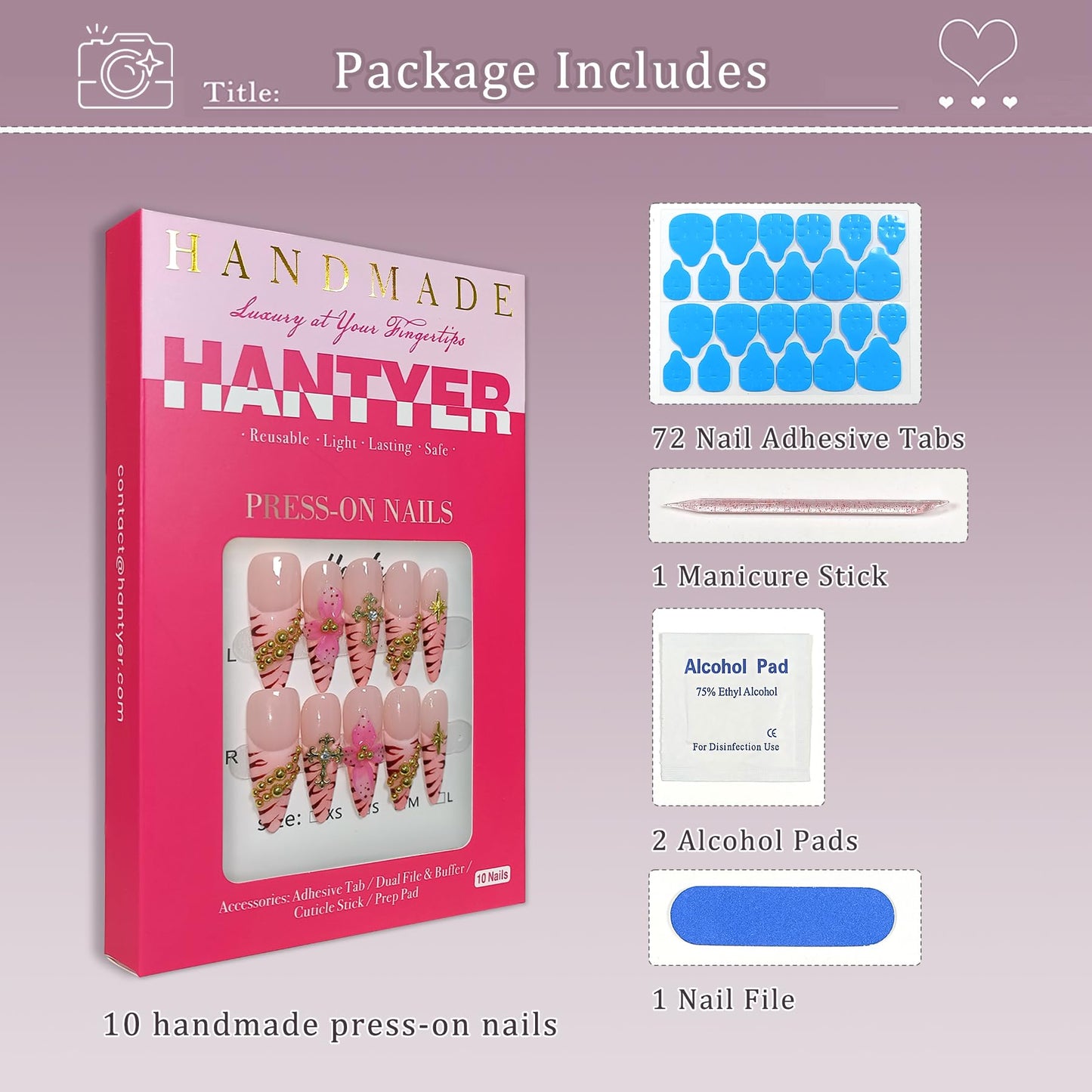 Hantyer Pink Leopard French Tip Press on Nails with 3D Floral Carving & Cross Gold Beads, Long Stiletto Glossy Y2K Fake Nails, Reusable Edgy False Nails for Women Festival Concert Party (Size XS) ﻿