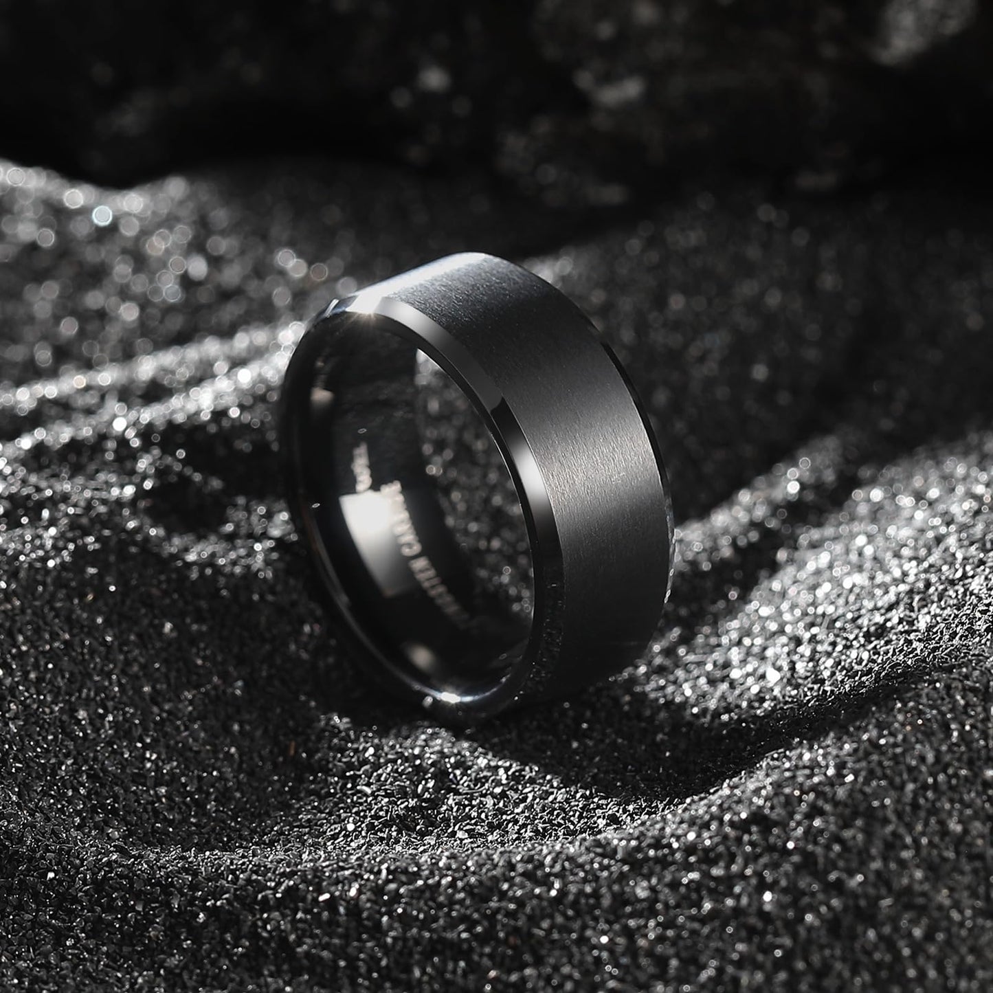 King Will 8mm Men's Black Wedding Ring - Brushed Matte Surface, Beveled Polished Edge, Comfort Fit Size 7
