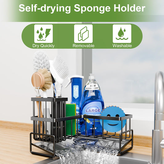 Fikoksol Large Sponge Holder for Kitchen Sink, 90-Degree Sink Caddy Organizer with Dish Brush Holder for Countertop Corner Storage Rack, Metal L-Shaped Kitchen Sink Sponge Soap Organizer Storage Ideas