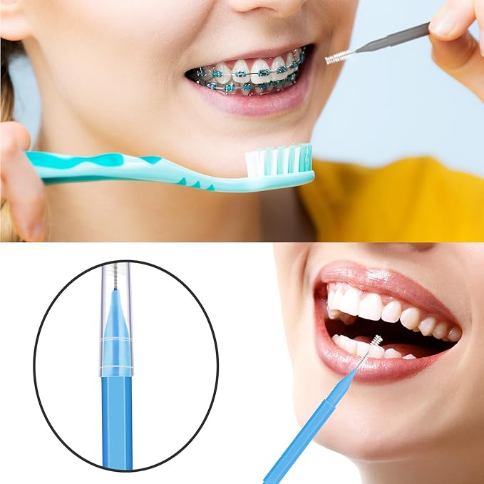 Patelai 100 Pieces Braces Brush for Cleaner Interdental Brush Toothpick Dental Tooth Flossing Head Oral Dental Hygiene Flosser Toothpick Cleaners Tooth Cleaning Tool(Blue, Grey, Green,Various Sizes)