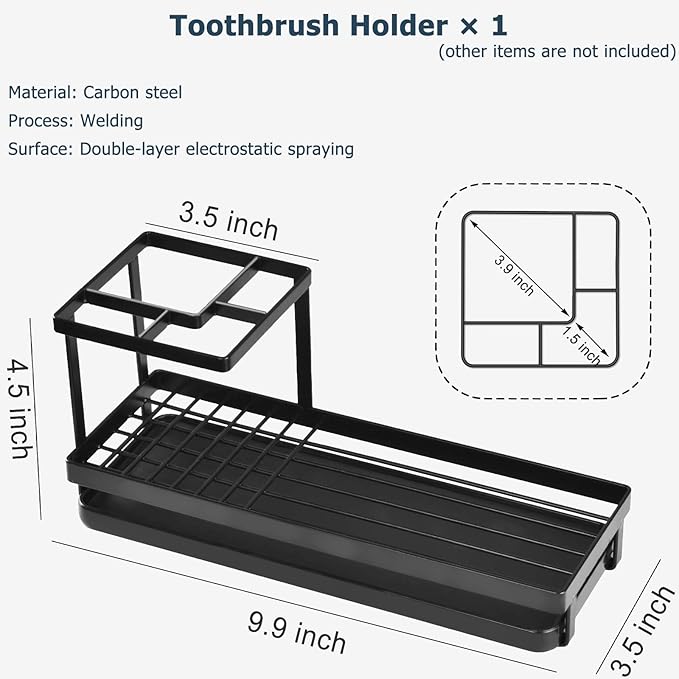 MYITYARD Toothbrush Holders for Bathrooms, 4 Slots Rustproof Metal Tooth Brushing Organizer with Drainage, Electric Tooth Brush Toothpaste Holder for Bathroom Countertop, Black