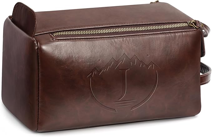 Personalized Toiletry Bag for Men,Initial Mens Toiletry Bags for Traveling,Men Travel Toiletries Bag,PU Leather Shaving Bag for Toiletries Accessories kit,Dark Brown J