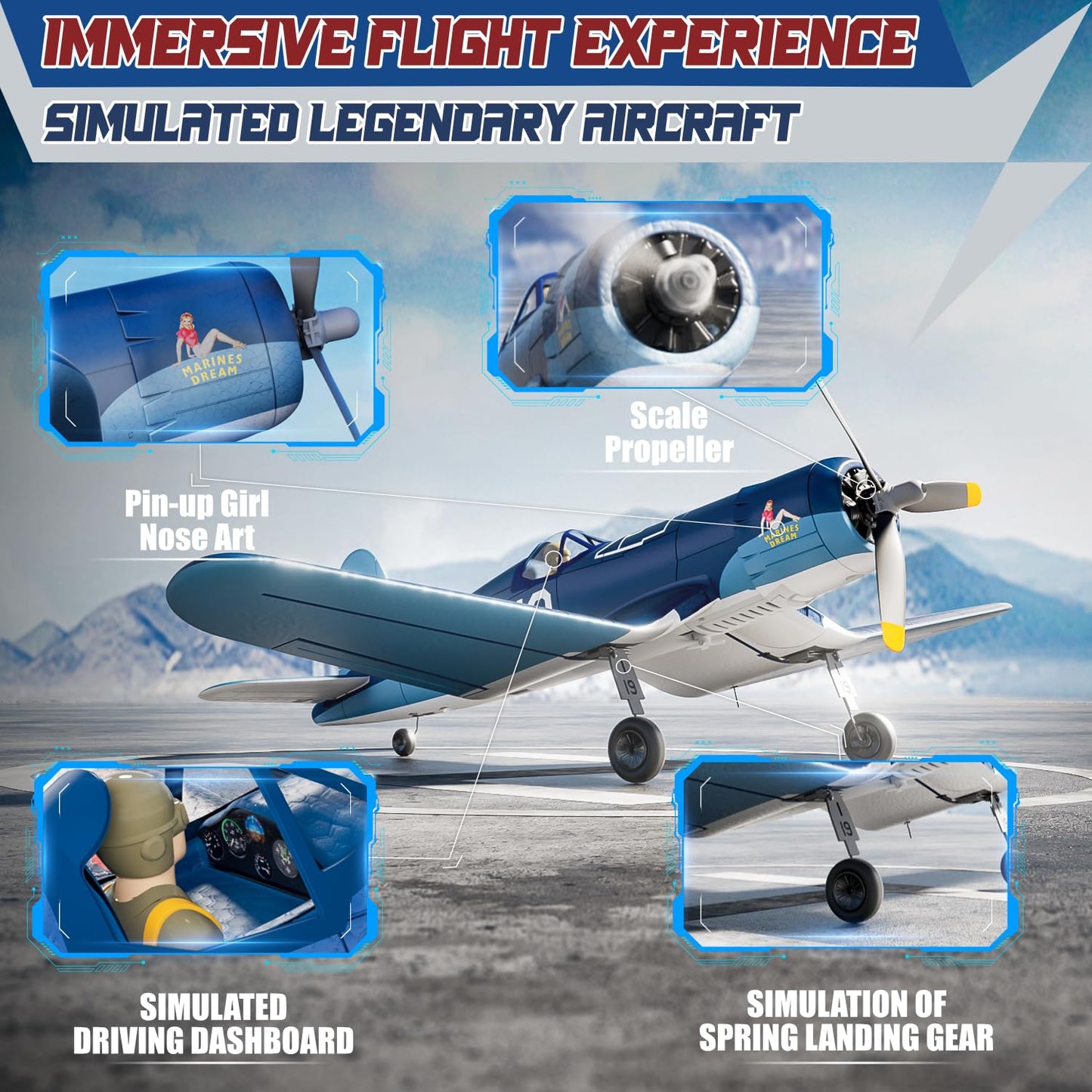 LEAMBE Brushless 4 Channel RC Plane F4U Corsair 500mm Remote Control Airplane Fighter RTF with 6-Axis Gyro, 3 Modes & Aerobatics for Beginners & Adults