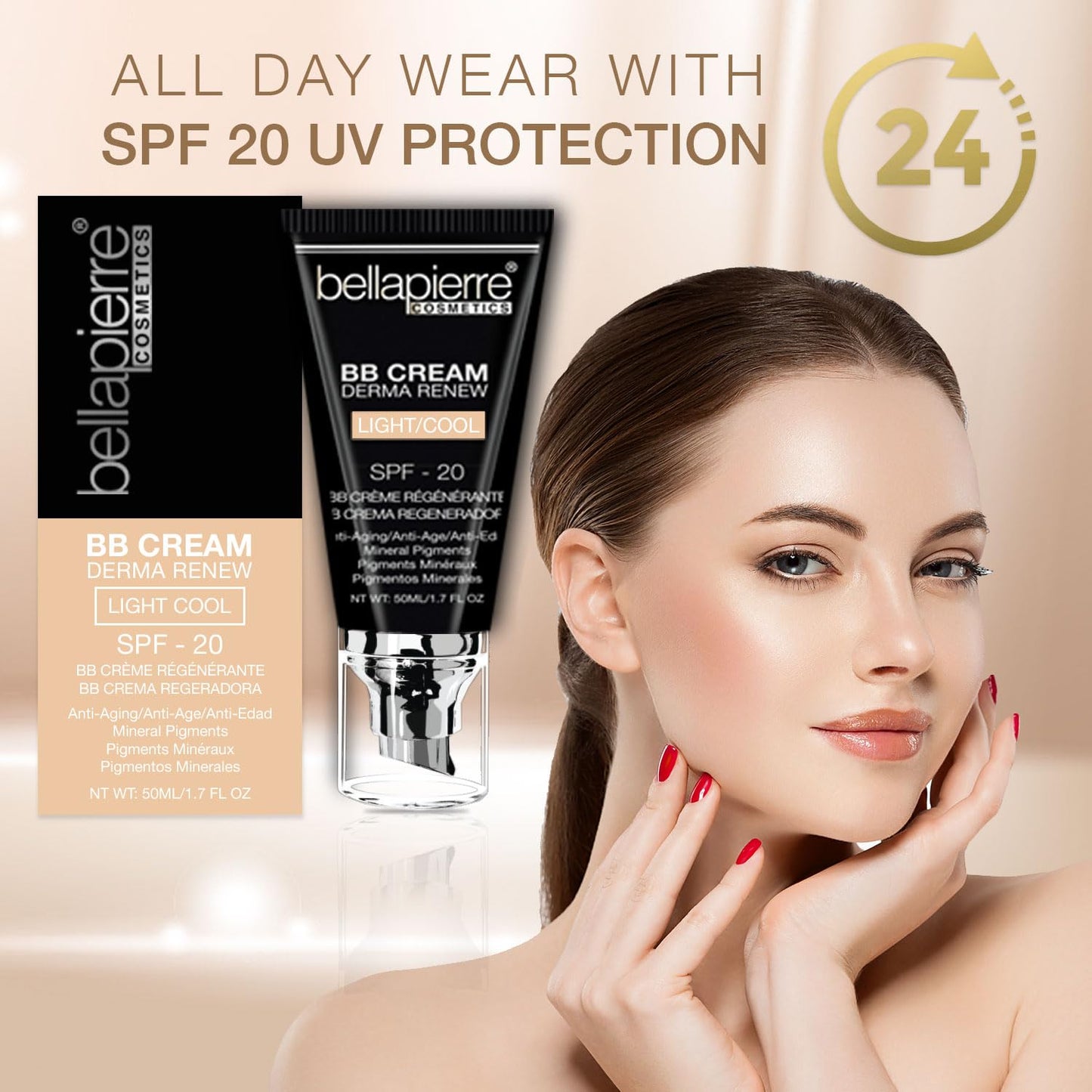 bellapierre BB Cream with SPF 20 - Tinted Sunscreen, Concealer, Matte Foundation, & Moisturizing Face Cream | Lightweight Formula + Pump Top Applicator | Non-Toxic & Paraben Free | 1.7 Oz - Dark