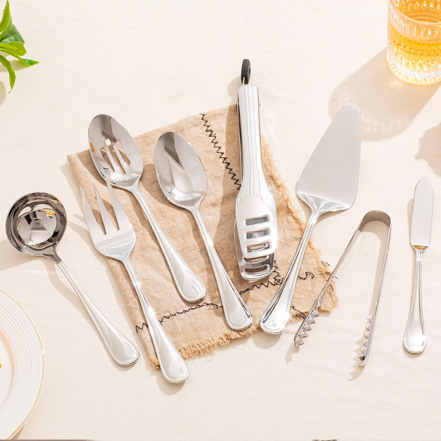 KINGSTONE 16 Piece Teardrop Serving Utensils Set, 18/10 Stainless Steel Serving Utensils, Slotted Spoons, Forks, Tongs, Cake Server, Butter Knife for Buffet, Catering, Wedding, Party
