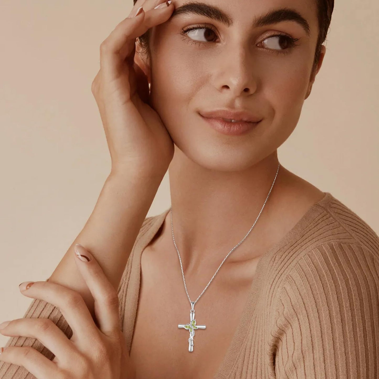 Blaniy Cross Necklace for Women 925 Sterling Silver Butterfly Necklace Peridot Pendant Necklaces August Birthstone Jewelry Gifts for Women