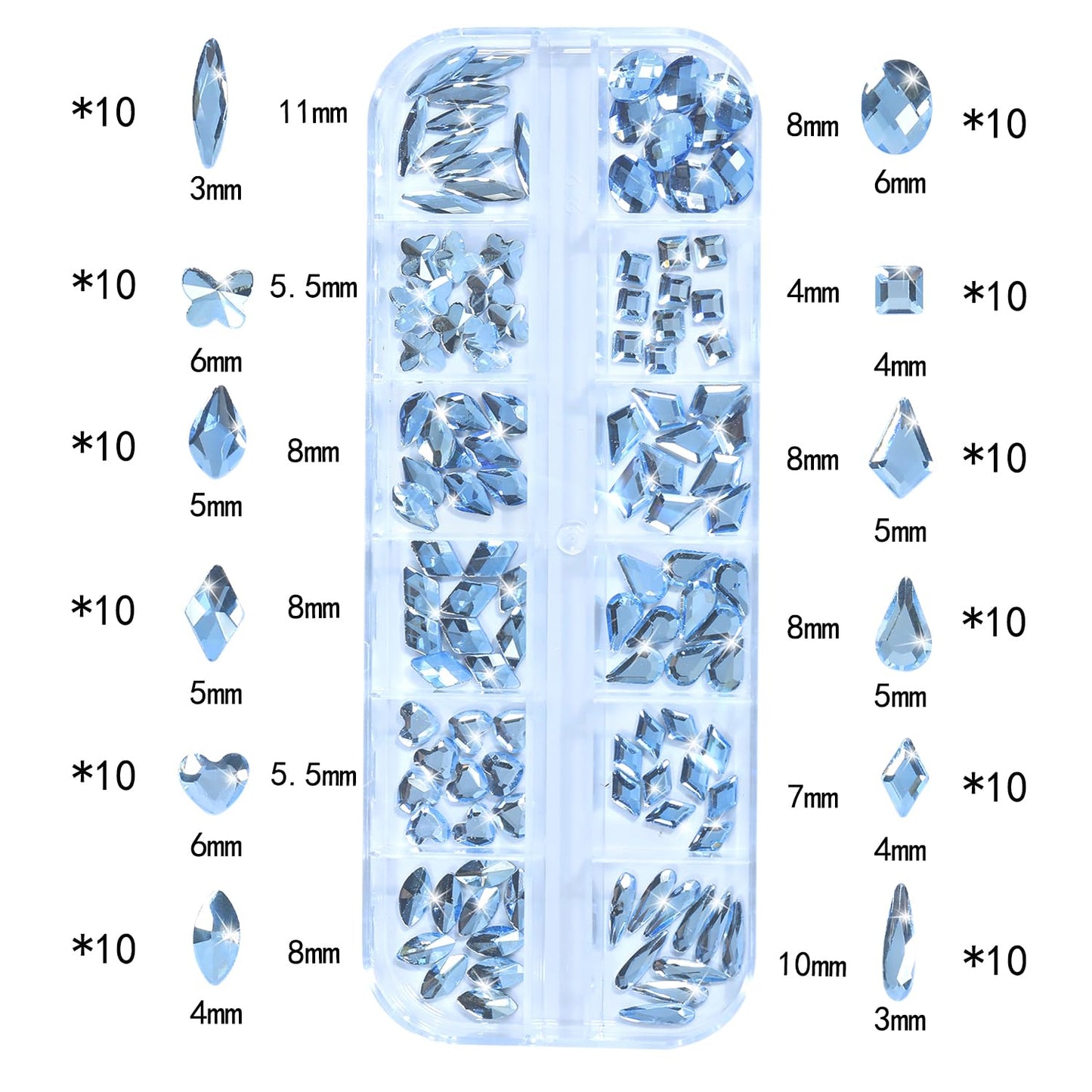 DZHILHMX Nail Rhinestones - 3D Multi Shape Size, Flat Back, Crystals Manicure Rhinestones Charms, Light Blue Nail Gems, with Kit, for Nail Art, Bedazzling Acrylic Nails, DIY Decor