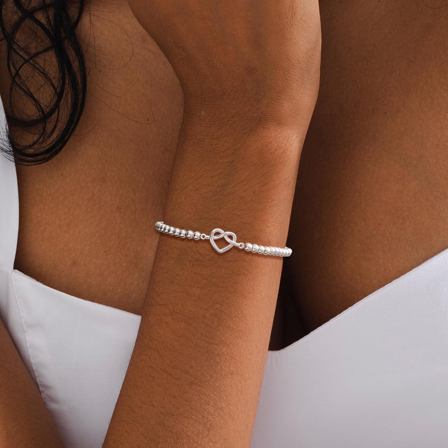 Beaded Bracelets for Women 14K Silver Gold Plated Stretch Handmade Ball Bracelets Cute Charm Bracelet Dainty Stackable Cross Heart Bow Wave CZ Circle Trendy Jewelry Easter Gifts (knot-heart-silver)