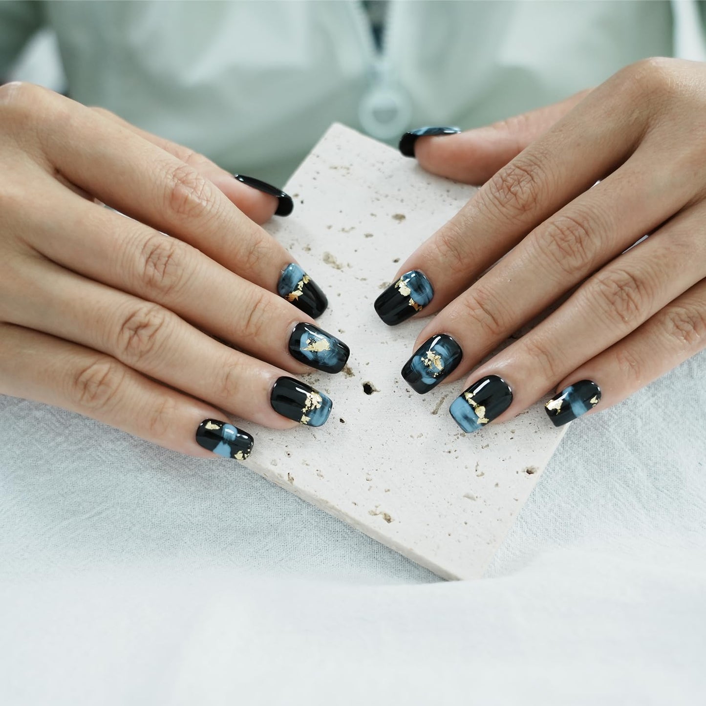 Tesytto Short Coffin Press on Nails - Handmade Black Fake Nails with Blue Ombre Glitter Gold Foil Design, High Gloss Acrylic Nails for Women, Party, Daily Wear (Playful Doodle,L)