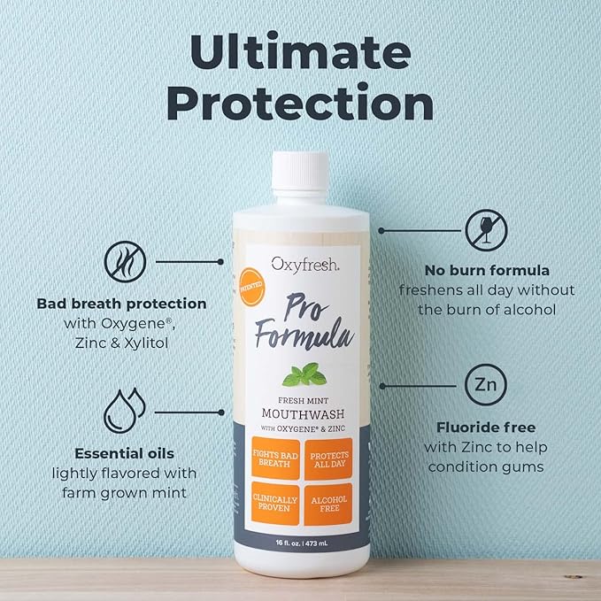 Oxyfresh Pro Formula Fresh Mint Mouthwash – Patented Zinc Mouthrinse for Fresh Breath, Healthy Gums & Bad Breath Treatment for Adults - Dye, Fluoride & Alcohol Free (16 oz Pack of 3)