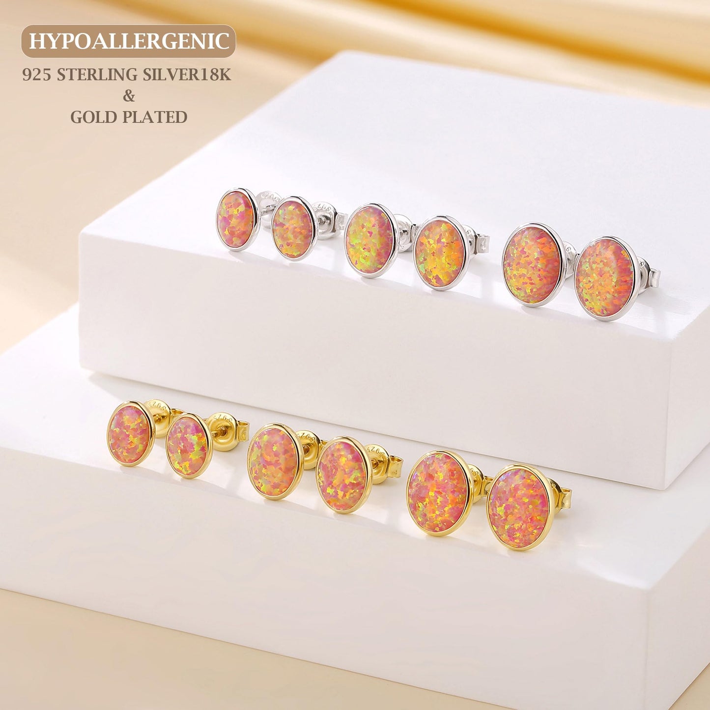JiayangJY Silver Red Fire Opal Stud Earrings for Women Sterling Silver Oval Shape 6mm Opal Earrings with Push Back