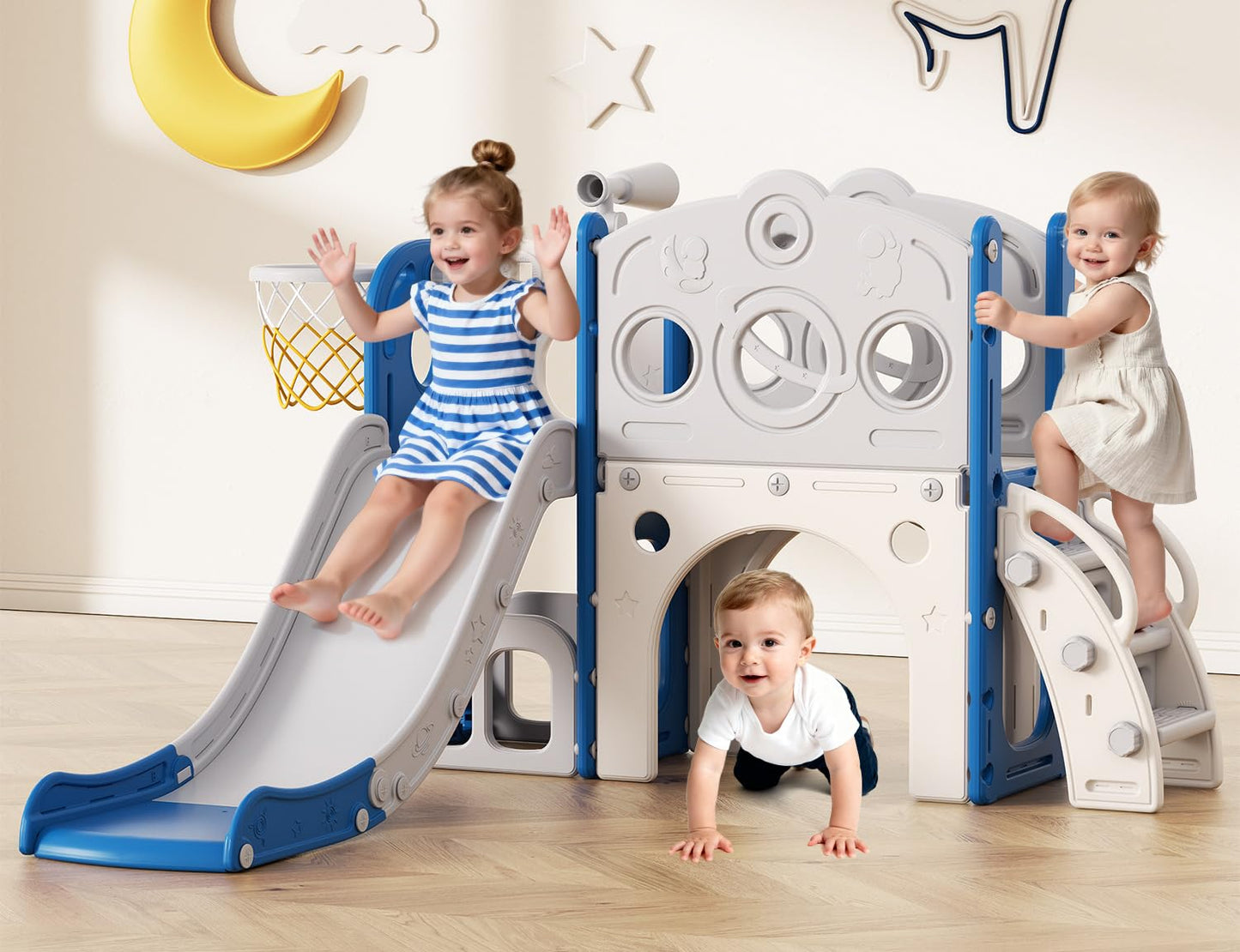 Babytronic Toddler Slide, 8 in 1 Kids Slide with Basketball Hoop, Telescope and Climber, Baby Slide Toddler Playground, Indoor Outdoor Playset for Toddlers Age 1-3, Kids Indoor Playground (Blue&Gray)