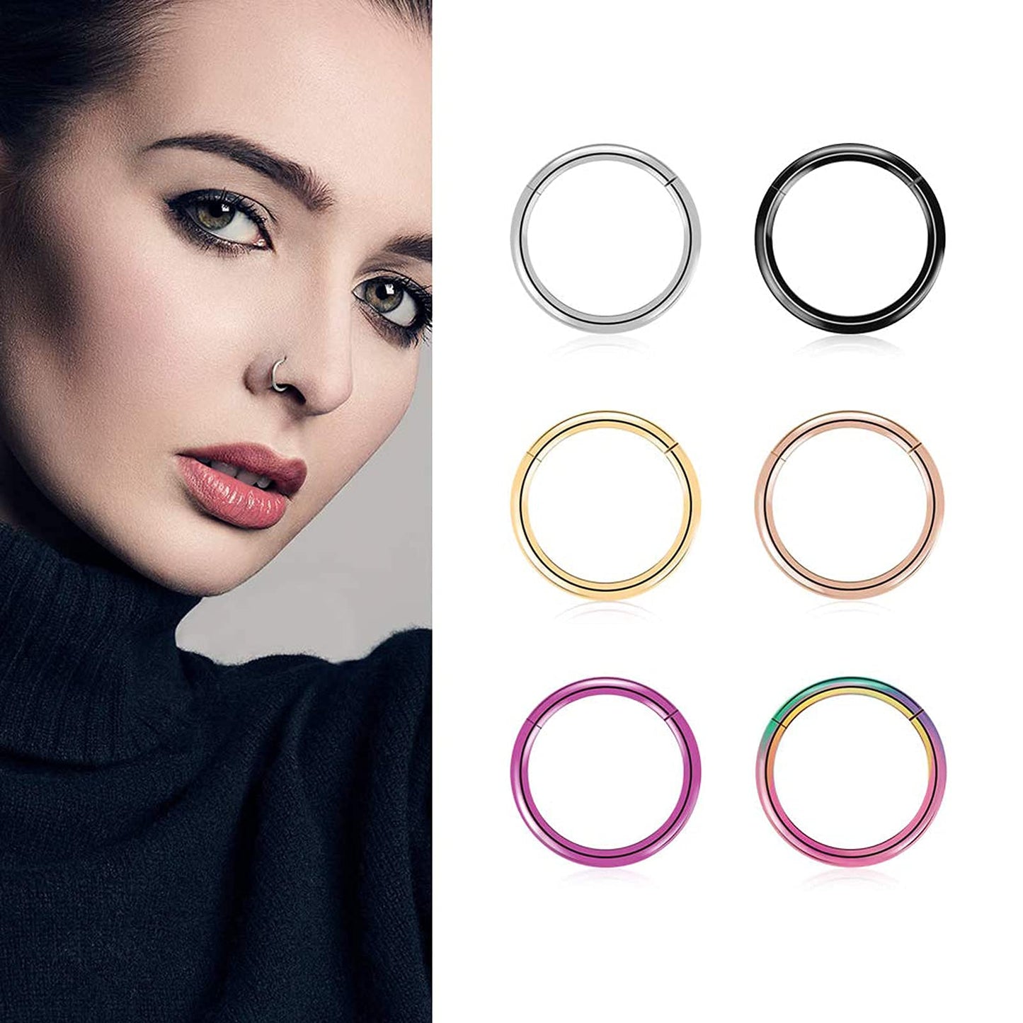 arvinpiercing BOGKU 6pcs G23 Titanium Hinged 16g Nose Rings Hoop 16 Gauge 11mm Nose Septum Clicker Segment Rings Cartilage Conch Tragus Helix Rook Hoop Earring Nose Ear Piercing Hoops