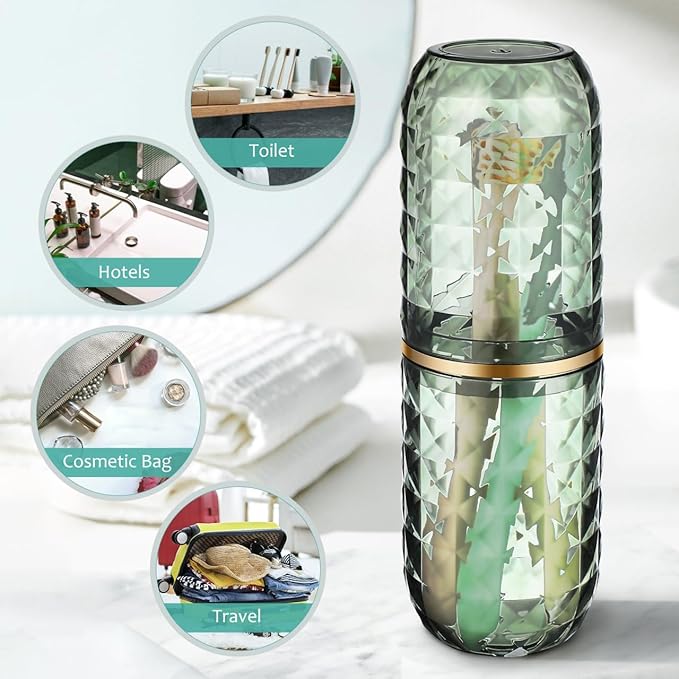 Didiseaon Travel Toothbrush Case with Cover, Green Portable Toothbrush Holder and Rinse Cup Dual Use Compact for Travel Bathroom Storage
