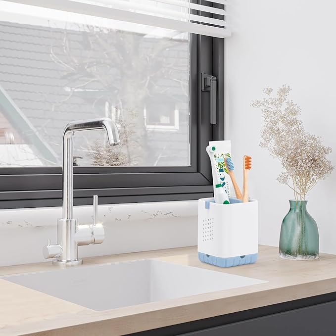 Boperzi Toothbrush and Razor Holder for Bathrooms - Countertop Organizer With Drainage, Anti-Slip Kids Toothpaste Caddy for Electric Toothbrush, Shower, Vanity - Blue