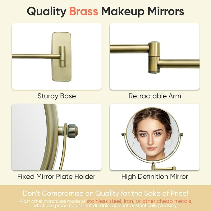 GURUN 8-Inch Double-Sided Wall Mount Makeup Mirrors with 10x Magnification Bathroom Mirror for Hotel Antique Satin Brass Finished M1406K(8in,10X)