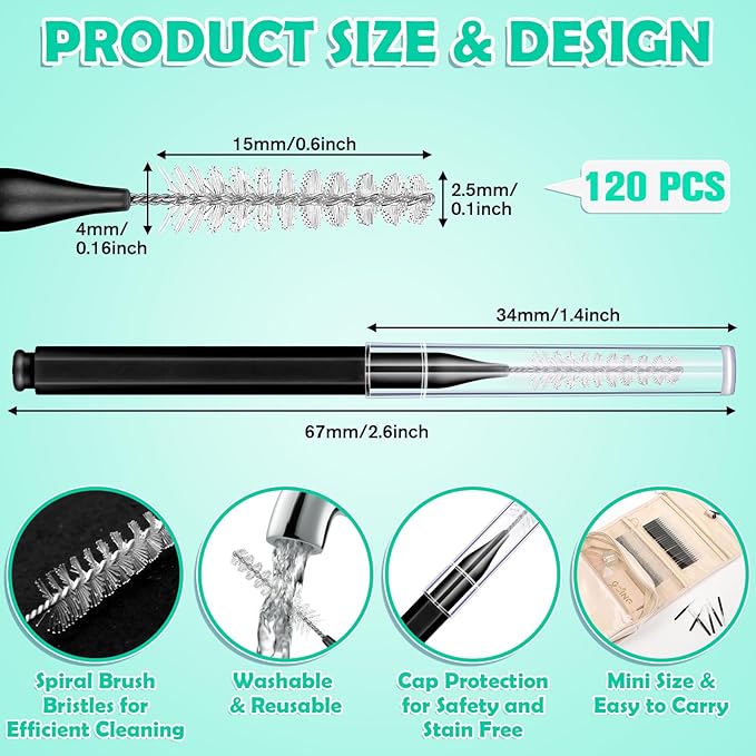 320-Piece Interdental Brush Set, Soft & Flexible Floss Picks for Braces, Orthodontic Care, Teeth Cleaning, 120 Black Spiral Brushes 200 Green Picks, Reusable Oral Care Essentials
