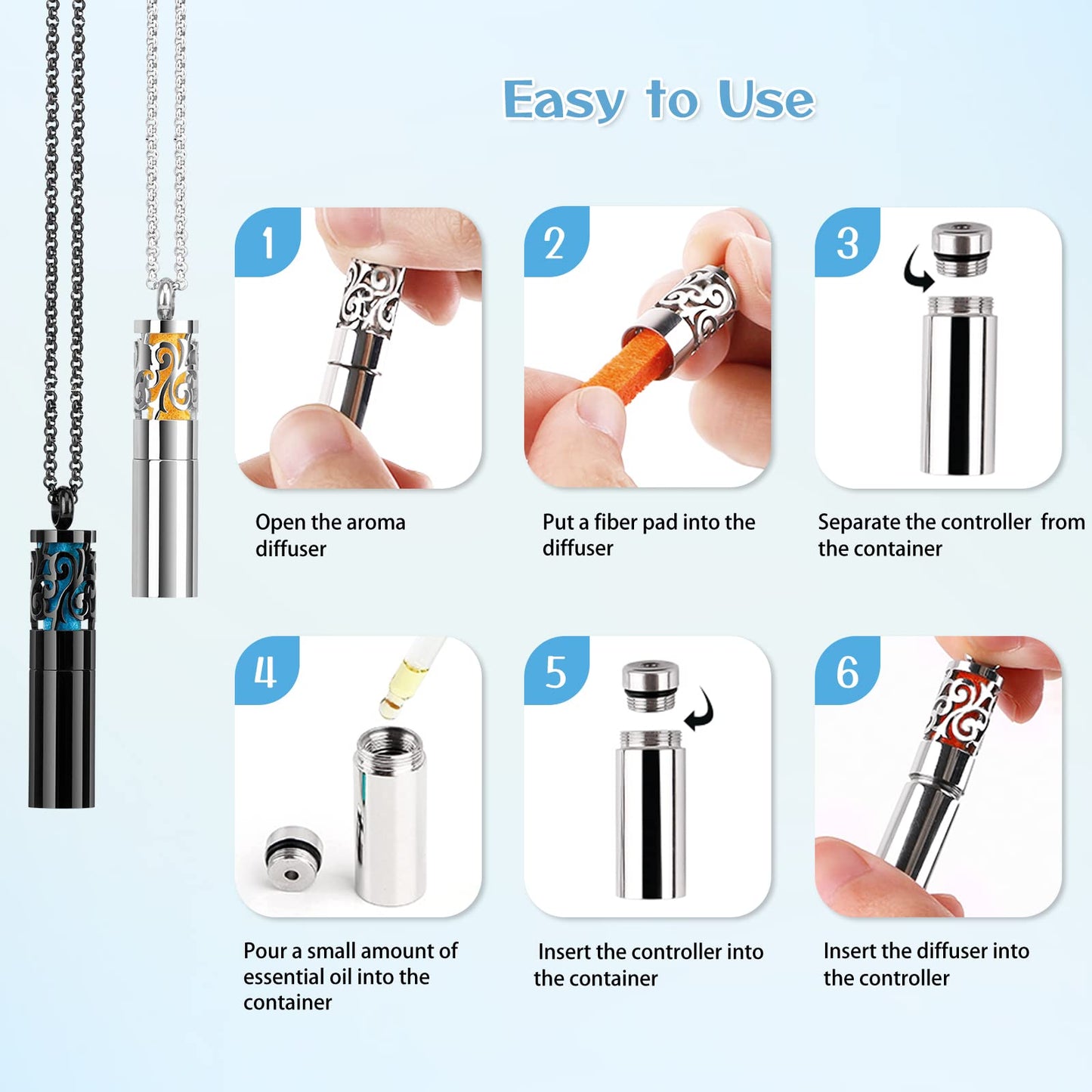 Maromalife Essential Oil Diffuser Necklaces for Women, 2PCS Aromatherapy Necklaces Stainless Steel Diffuser Locket Pendant Cylinder with 20 Felt Pads, Aroma Necklaces Gift Set for Mothers Day