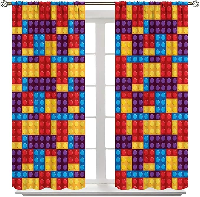 Building Block Colored Curtains, Children's Themed Curtains Collection Building Block Patchwork Cartoon Print Curtains, Light Trim 2 Panel Set Rod Pockets 52x84in