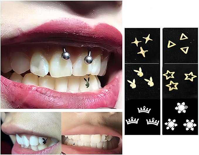 Tooth Gems Silver Alloy Ultra-Thin 3-Pack Reusable Trendy Spider Butterfly Rabbit Multi-Use Women Party Nail Art (Golden,Triangle)