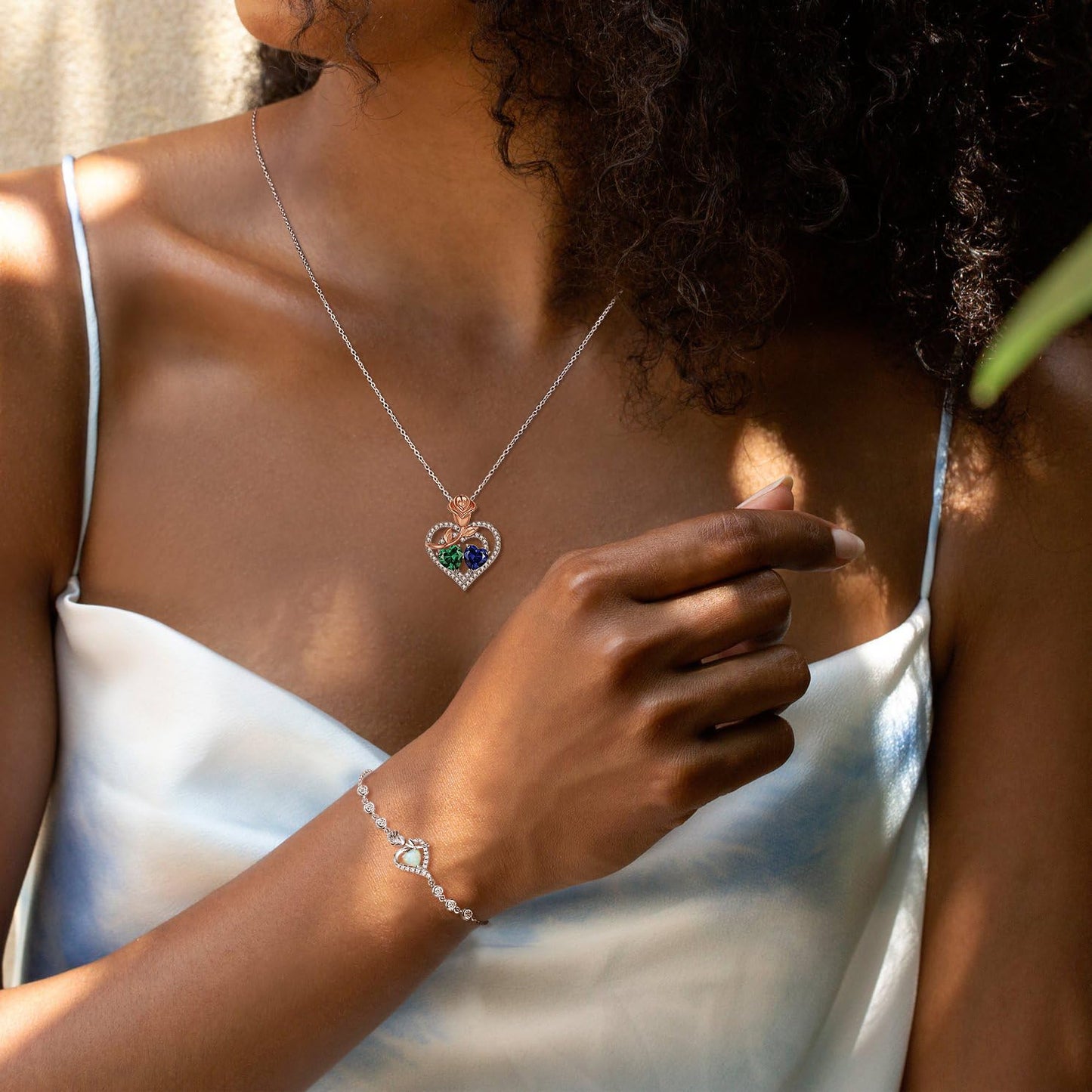 AGVANA June December Birthstone Jewelry Alexandrite Blue Topaz Necklace Sterling Silver Rose Flower Heart Double Birthstone Pendant Necklace Anniversary Birthday Gifts for Women Mom Wife Lady Her