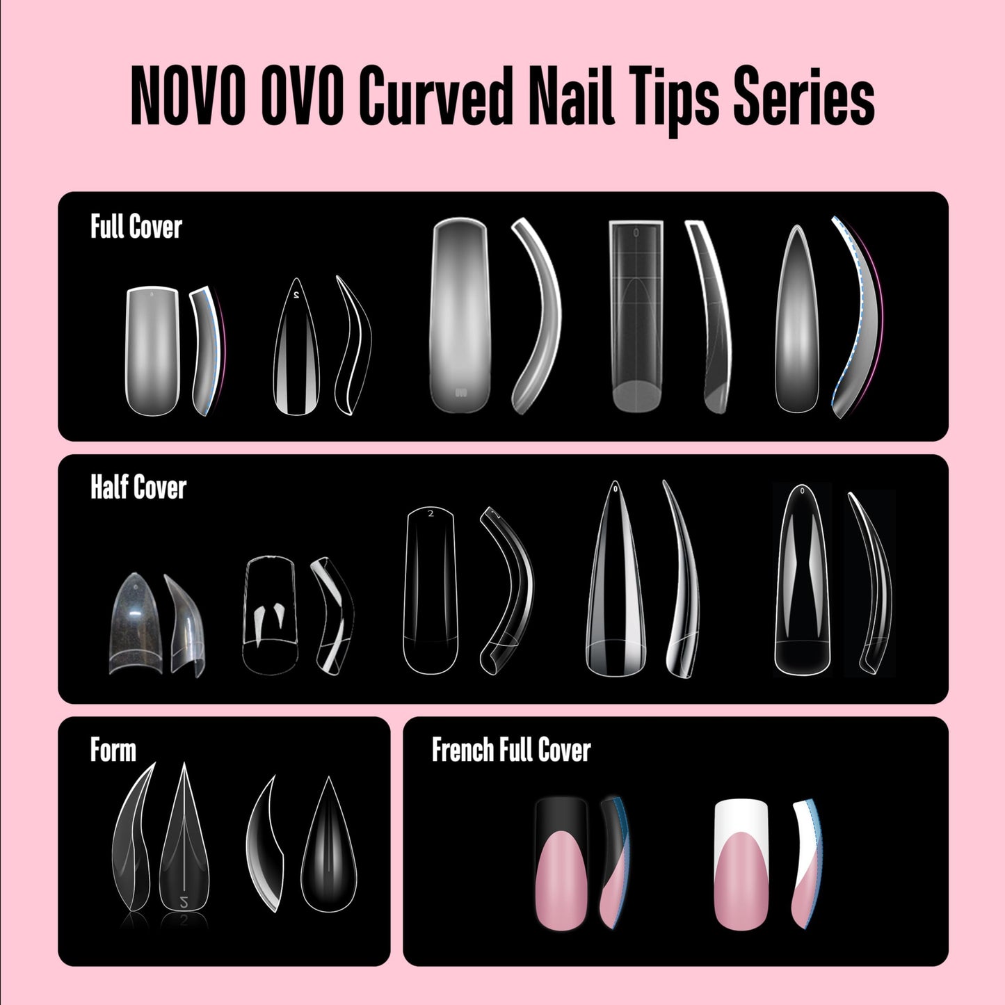 NOVO OVO Halloween Medium Slightly Curved White French Tip Nail Tips BERRY PINK Full Cover for Press on Acrylic, Extra Thick Soft Gel False Nails, Need Builder Gel Top Coat for DIY x 15 Sizes 240 pcs