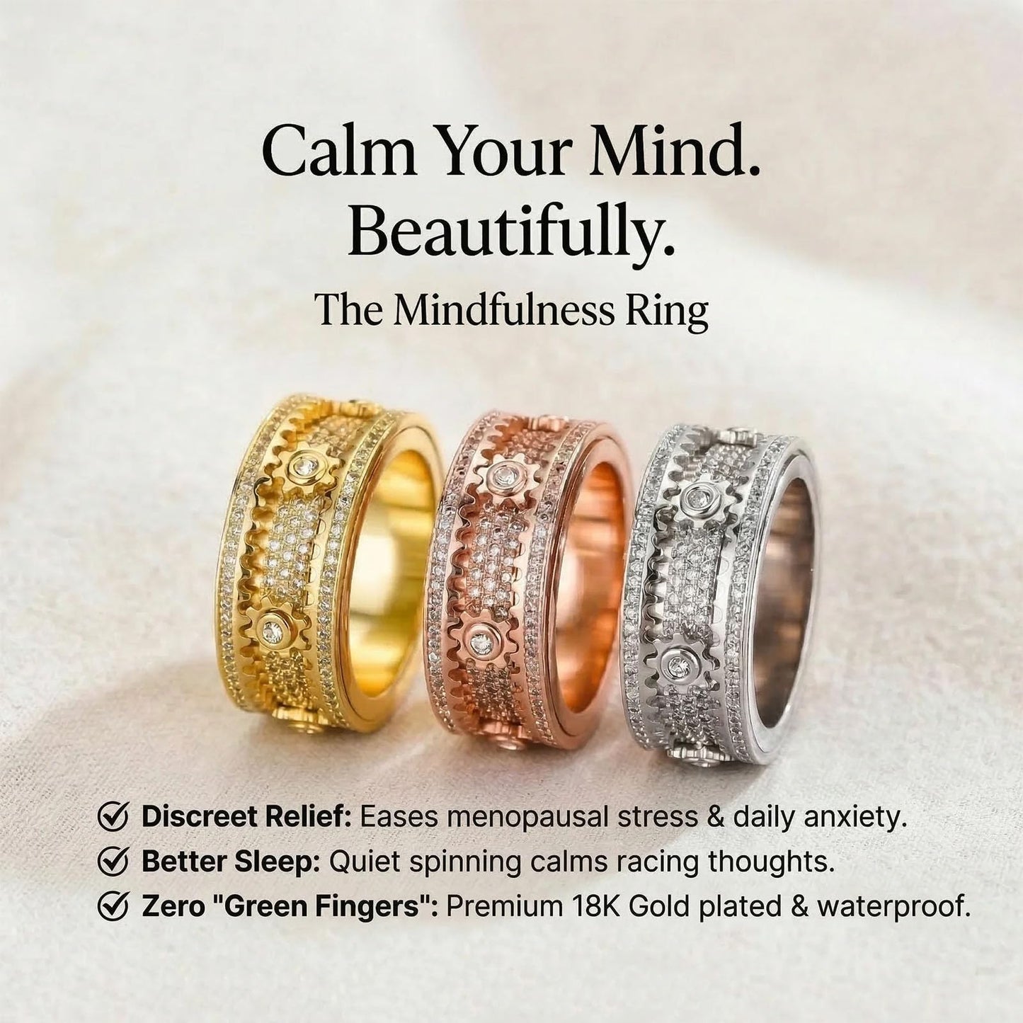 Xarewx Mindfulness Rings for Women, Fidget Ring, Adjustable Anti-Anxiety Fidget Rings, Menopause and Stress Ring, Calm & Everyday Wear (Gold, 6)