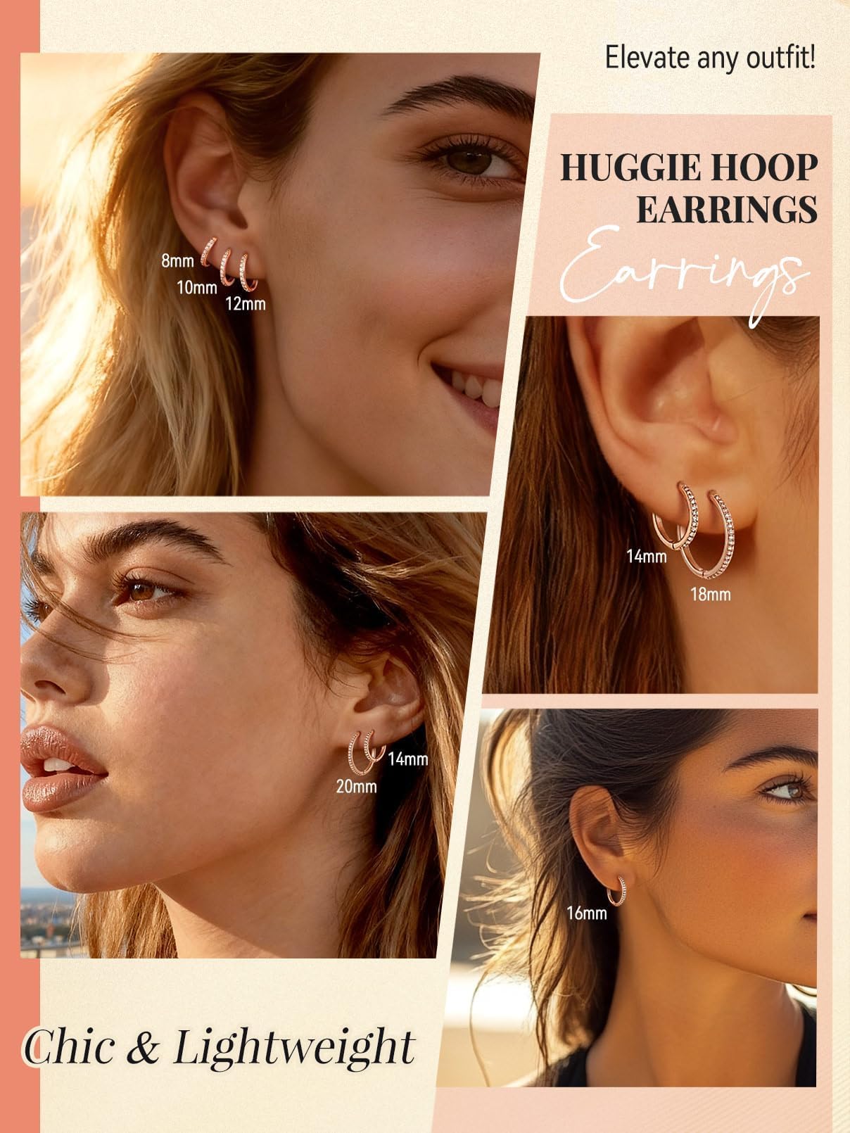 FaithHeart Cubic Zirconia Hoop Earrings for Women, Rose Gold Hypoallergenic Huggie Hoop Earrings, Small Cartilage Earrings for Women 20mm, Send Gift Box