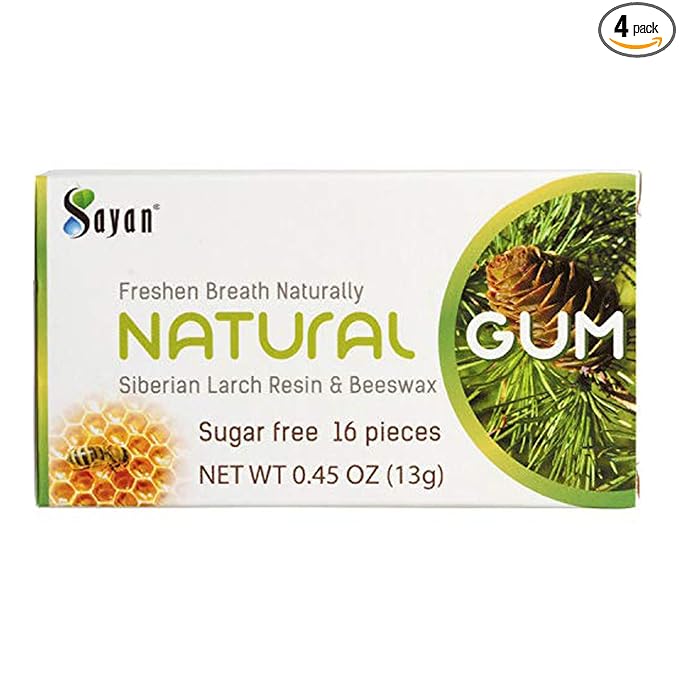 Sayan Sugar Free All Natural Gum, Siberian Larch Tree Resin and Beeswax Chewing Gum for Fresh Breath, Vegetarian, Non-GMO, No Sugar, Gluten Free, Aspartame Free, No Preservatives - 4 Packs (64 Pieces)