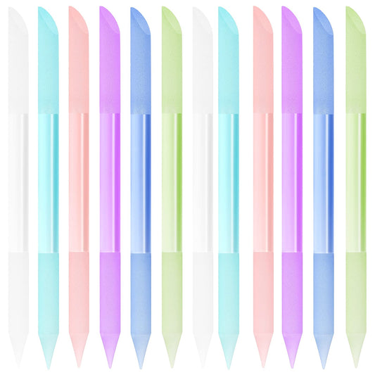 12 Pieces Glass Cuticle Pusher Crystal Double Sided Cuticle Trimmer Manicure File Glass Cuticle Stick Precision Filling Remover Tool Buffer for Women Salon Home Use, 6 Colors