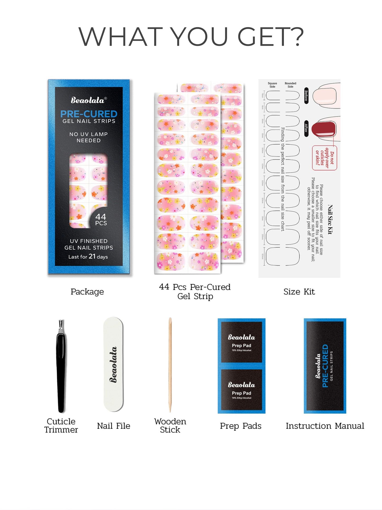 Beaolata Real Gel Nail Strips (No UV Light Needed) - 44Pcs Salon Quality Nail Stickers - Long Lasting Polish Wraps for Women, Easy Apply & Remove (Strawberry Pink)