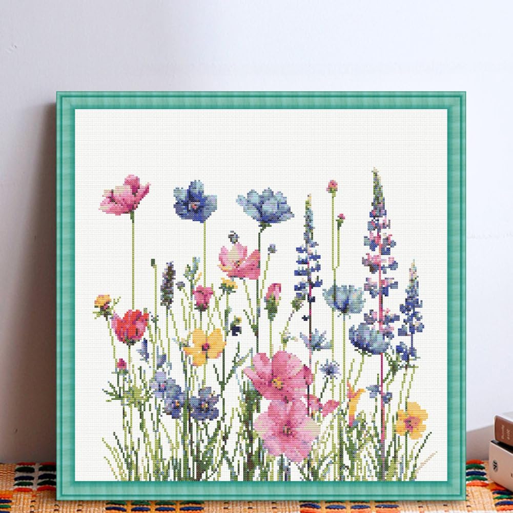 KYOQFVN Flower Stamped Cross Stitch Kits for Adults，11CT Needlepoint Counted Cross Stitch Kits for Beginner，Printed Dimensions - Embroidery Kit Arts and Crafts 14×14 Inch