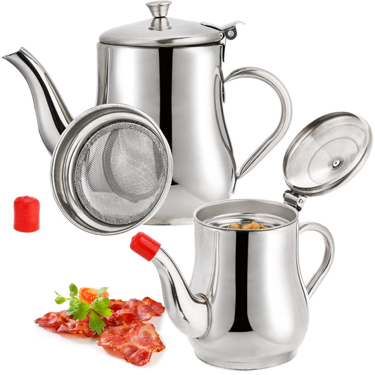 ZOOFOX 2 Pack Bacon Grease Container with Mesh Strainer, 27oz 22oz Stainless Steel Oil Storage Pot for Storing Frying Oil and Cooking Grease